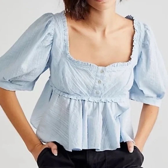 Free People Tops - Free People Leave It To Me Crop Top Light Blue Blouse Size Large